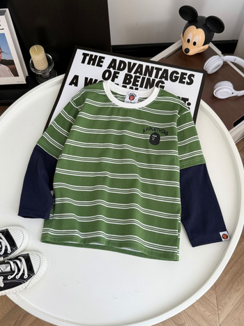 Top copii cu mâneci lungi din bumbac, imprimat în dungi și motiv cu desene animate/litere, 95% bumbac.