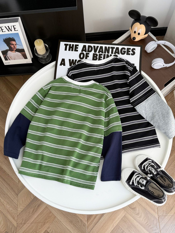 Top copii cu mâneci lungi din bumbac, imprimat în dungi și motiv cu desene animate/litere, 95% bumbac.