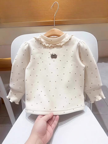 Bluza de bază cu căptușeală din fleece pentru fetițe, iarnă, mâneci lungi, model cu buline, 95% bumbac, stil coreean