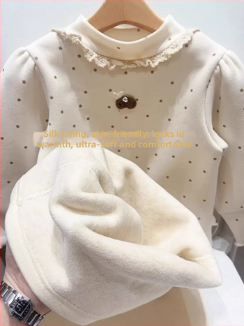 Bluza de bază cu căptușeală din fleece pentru fetițe, iarnă, mâneci lungi, model cu buline, 95% bumbac, stil coreean