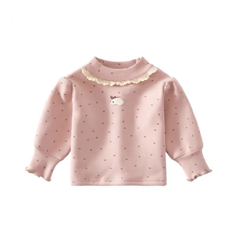 Bluza de bază cu căptușeală din fleece pentru fetițe, iarnă, mâneci lungi, model cu buline, 95% bumbac, stil coreean