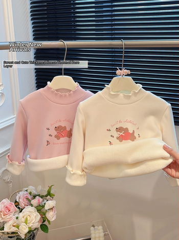 Tricou de bază căptușit cu fleece pentru copii, din bumbac, iarnă, mâneci lungi, guler semicircular înalt, imprimeu desen animat