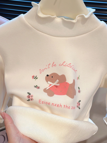 Tricou de bază căptușit cu fleece pentru copii, din bumbac, iarnă, mâneci lungi, guler semicircular înalt, imprimeu desen animat