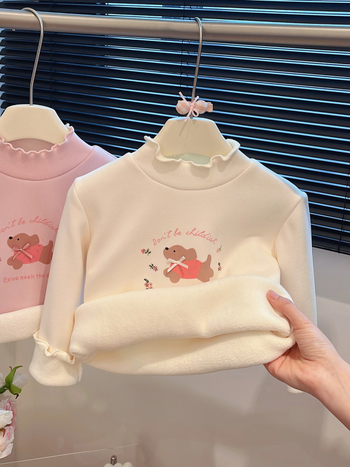 Tricou de bază căptușit cu fleece pentru copii, din bumbac, iarnă, mâneci lungi, guler semicircular înalt, imprimeu desen animat