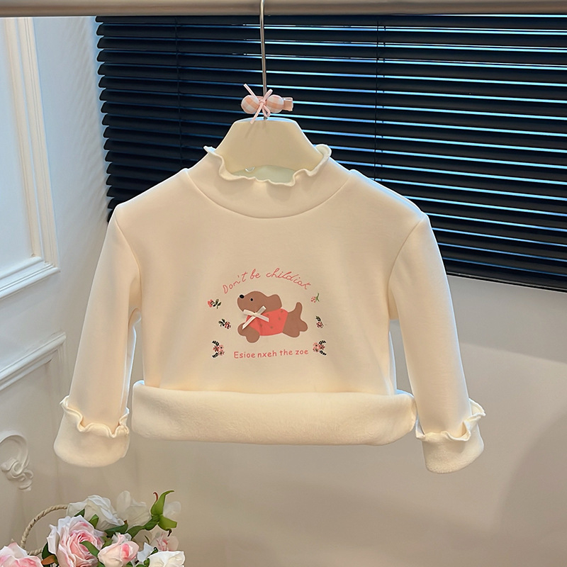 Tricou de bază căptușit cu fleece pentru copii, din bumbac, iarnă, mâneci lungi, guler semicircular înalt, imprimeu desen animat