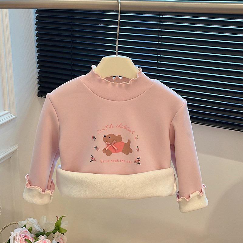 Tricou de bază căptușit cu fleece pentru copii, din bumbac, iarnă, mâneci lungi, guler semicircular înalt, imprimeu desen animat