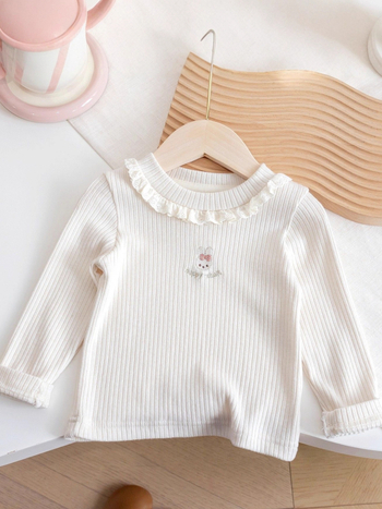 Tricou pentru fete cu mânecă lungă, guler dantelat, broderie cu iepuraș, 90% poliester, pentru vârste 3–8 ani.