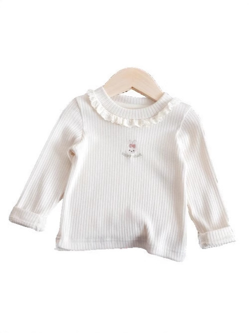 Tricou pentru fete cu mânecă lungă, guler dantelat, broderie cu iepuraș, 90% poliester, pentru vârste 3–8 ani.