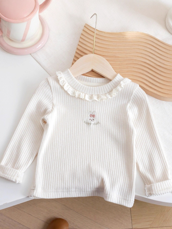 Tricou pentru fete cu mânecă lungă, guler dantelat, broderie cu iepuraș, 90% poliester, pentru vârste 3–8 ani.
