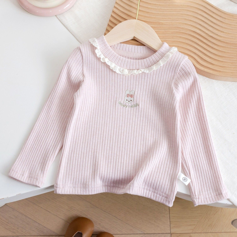 Tricou pentru fete cu mânecă lungă, guler dantelat, broderie cu iepuraș, 90% poliester, pentru vârste 3–8 ani.