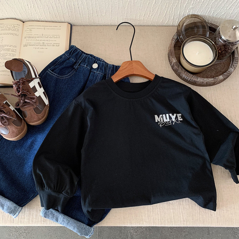 Tricou cu mâneci lungi, stil coreean, 100% bumbac, pentru copii între 3-8 ani, imprimeu cu litere