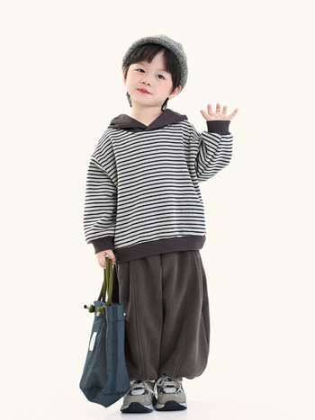 Gyerek kapucnis pulóver fleece béléses, csíkos mintázat, koreai verzió, téli stílus