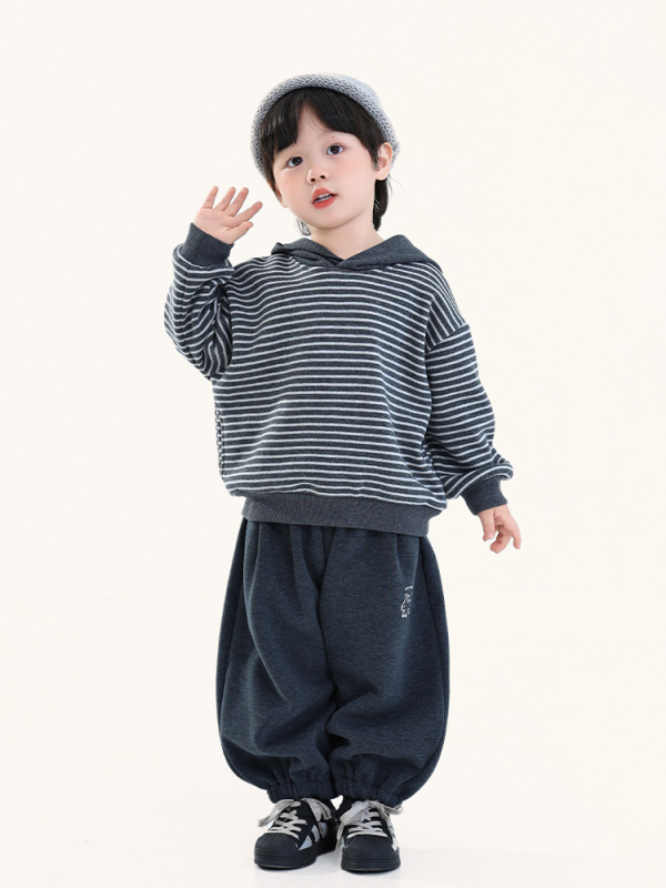 Gyerek kapucnis pulóver fleece béléses, csíkos mintázat, koreai verzió, téli stílus