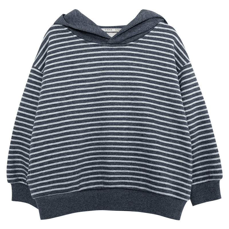 Gyerek kapucnis pulóver fleece béléses, csíkos mintázat, koreai verzió, téli stílus