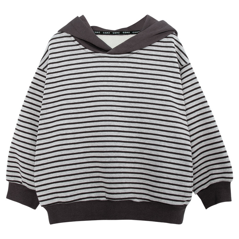 Gyerek kapucnis pulóver fleece béléses, csíkos mintázat, koreai verzió, téli stílus