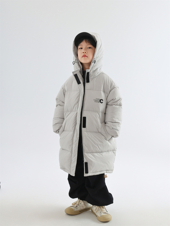 Bērnu pūkaina ziemas jaka, korejiskā stila, gara, ar kapuci, pildīta ar baltiem pīļu pūkiem