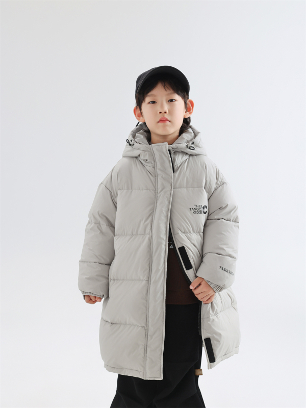 Bērnu pūkaina ziemas jaka, korejiskā stila, gara, ar kapuci, pildīta ar baltiem pīļu pūkiem