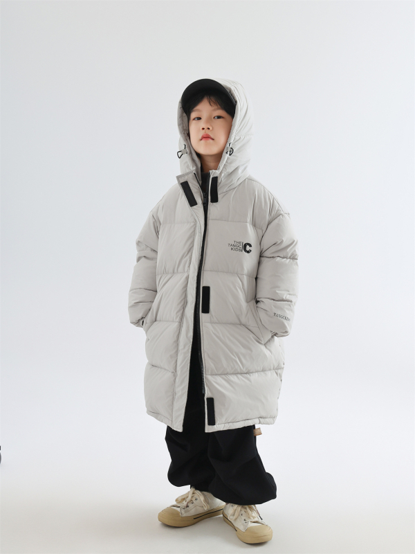 Bērnu pūkaina ziemas jaka, korejiskā stila, gara, ar kapuci, pildīta ar baltiem pīļu pūkiem