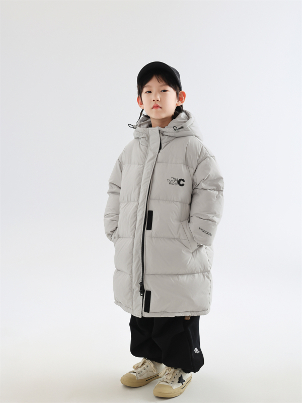 Bērnu pūkaina ziemas jaka, korejiskā stila, gara, ar kapuci, pildīta ar baltiem pīļu pūkiem