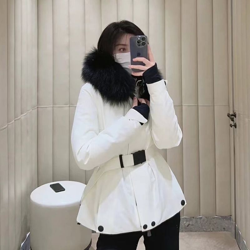 Jachetă de iarnă pentru femei, pentru schi, cu guler din blană de vulpe, glugă, lungime ultracurtă ≤40 cm, umplutură din puf, material spandex