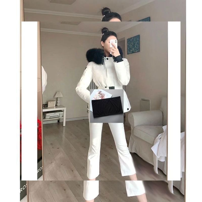 Jachetă de iarnă pentru femei, pentru schi, cu guler din blană de vulpe, glugă, lungime ultracurtă ≤40 cm, umplutură din puf, material spandex
