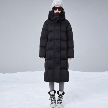 Geacă lungă de damă din puf de gâscă, material nylon, fermoar, căldură extremă, umplere 351–400 g, model de iarnă 2025