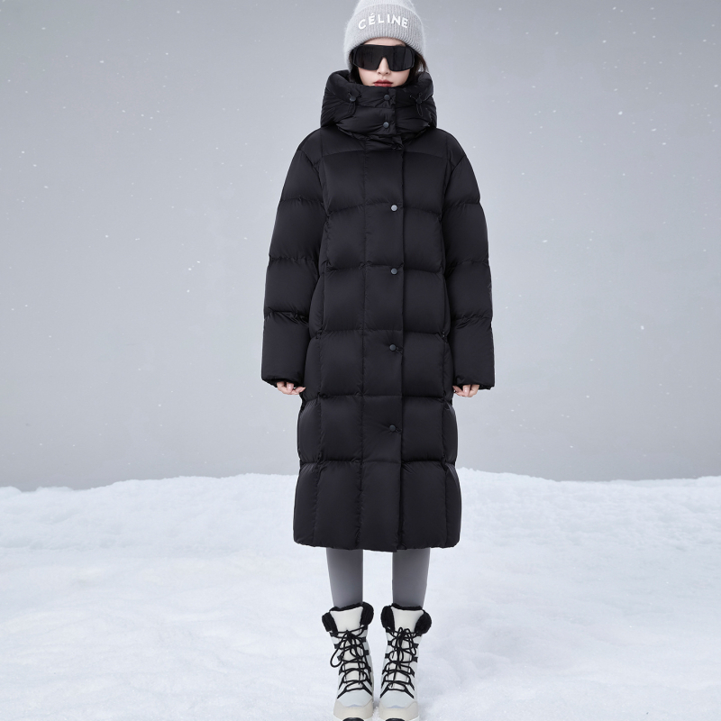 Geacă lungă de damă din puf de gâscă, material nylon, fermoar, căldură extremă, umplere 351–400 g, model de iarnă 2025