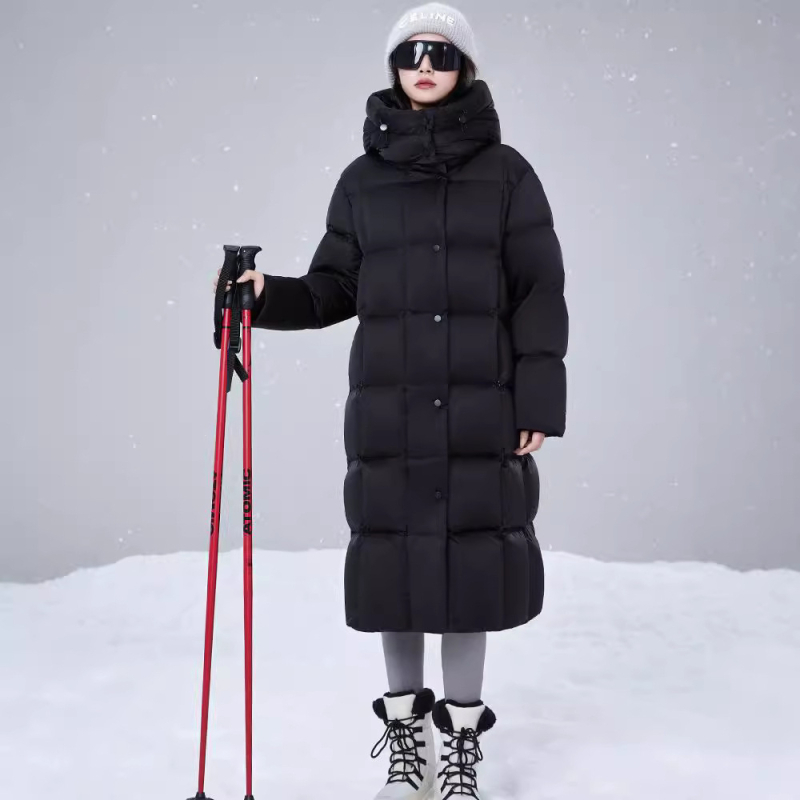 Geacă lungă de damă din puf de gâscă, material nylon, fermoar, căldură extremă, umplere 351–400 g, model de iarnă 2025
