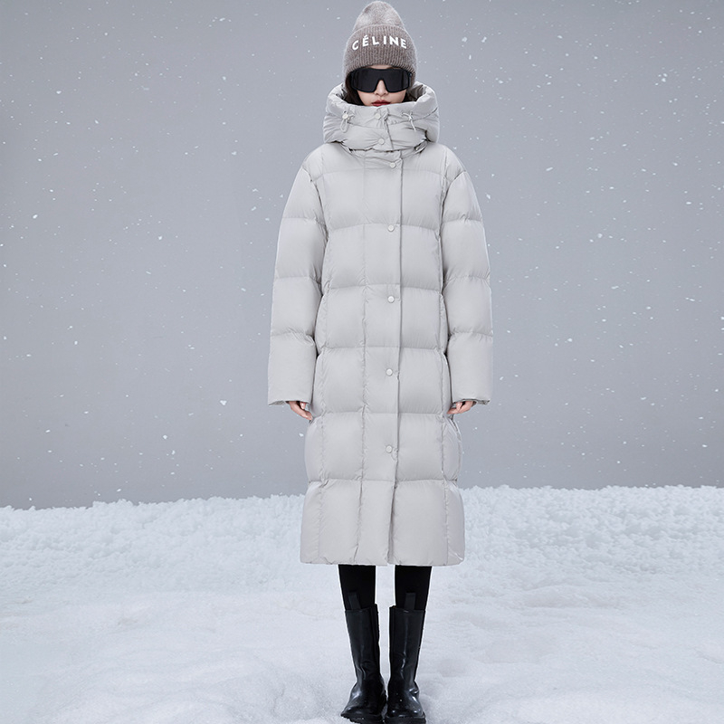 Geacă lungă de damă din puf de gâscă, material nylon, fermoar, căldură extremă, umplere 351–400 g, model de iarnă 2025