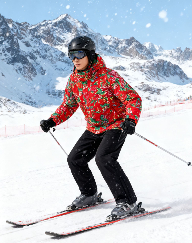 Unisex σετ σκι σε στιλ βορειοανατολικό με φλοράλ quilt, με βαμβακερή μόνωση, σακάκι και παντελόνι