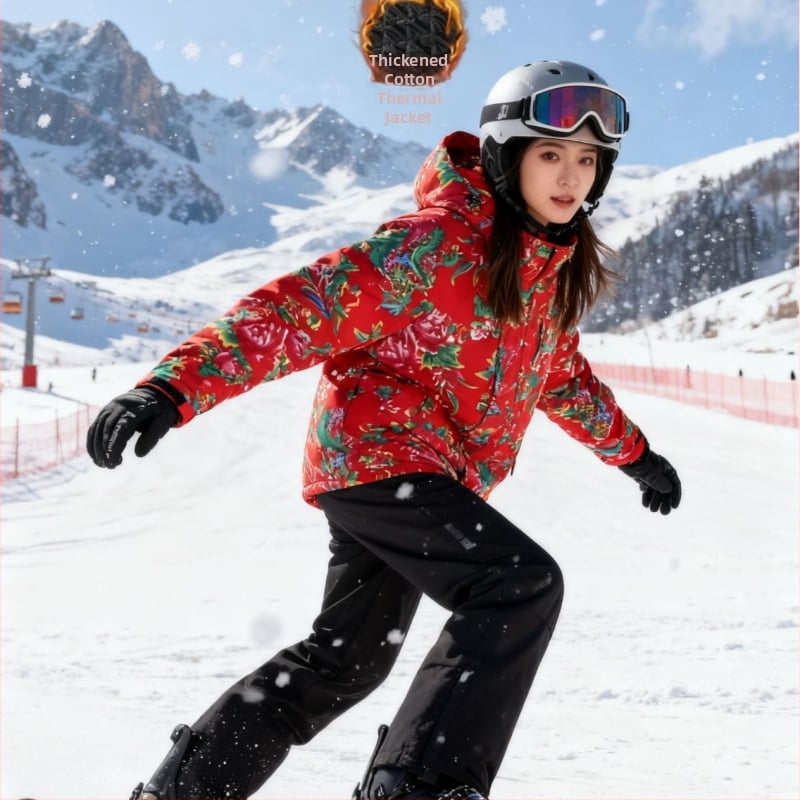 Unisex σετ σκι σε στιλ βορειοανατολικό με φλοράλ quilt, με βαμβακερή μόνωση, σακάκι και παντελόνι