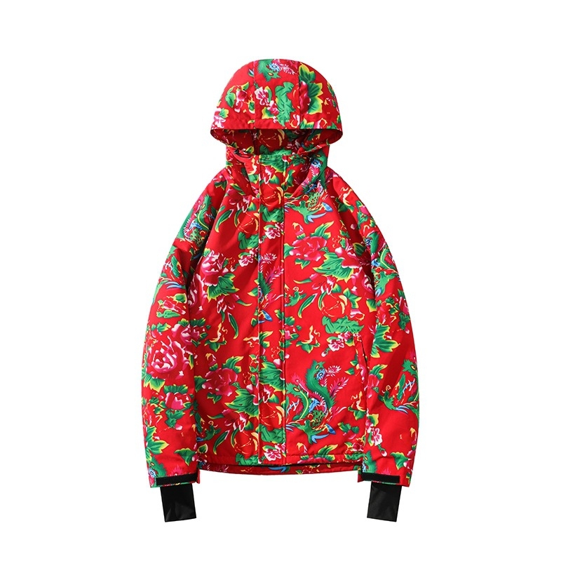 Unisex σετ σκι σε στιλ βορειοανατολικό με φλοράλ quilt, με βαμβακερή μόνωση, σακάκι και παντελόνι