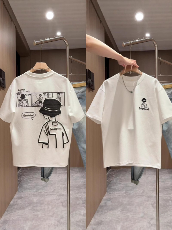 Tricou copii cu mânecă scurtă, 100% bumbac, guler rotund, imprimeu cu animații și litere, uscare rapidă, vară