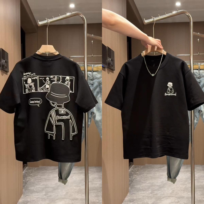 Tricou copii cu mânecă scurtă, 100% bumbac, guler rotund, imprimeu cu animații și litere, uscare rapidă, vară
