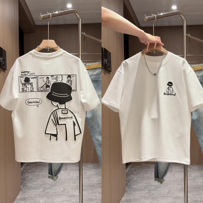 Tricou copii cu mânecă scurtă, 100% bumbac, guler rotund, imprimeu cu animații și litere, uscare rapidă, vară