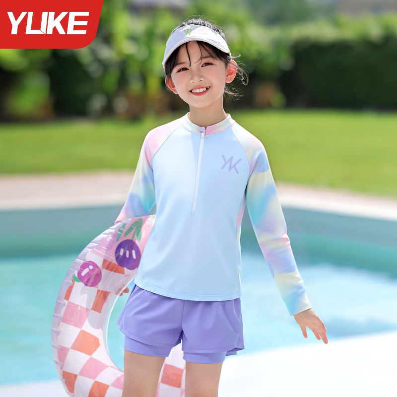 Costum de baie fete cu mânecă lungă, două părți, protecție solară, exterior din nailon cu căptușeală din poliester, 320 g, pentru antrenament înot
