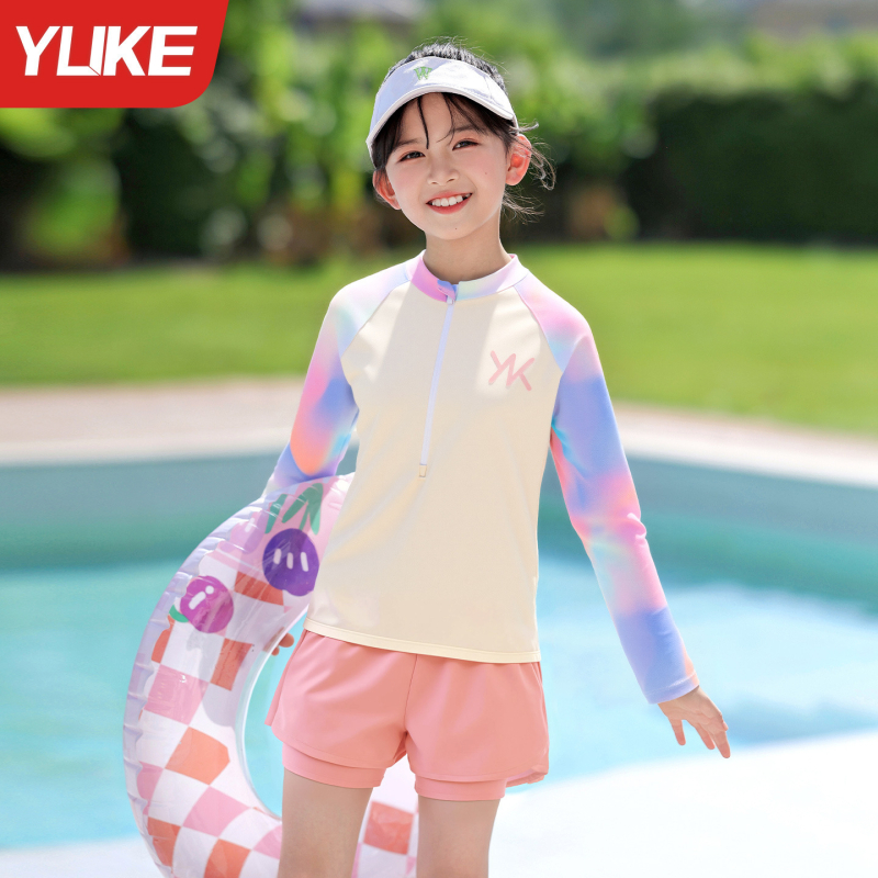 Costum de baie fete cu mânecă lungă, două părți, protecție solară, exterior din nailon cu căptușeală din poliester, 320 g, pentru antrenament înot