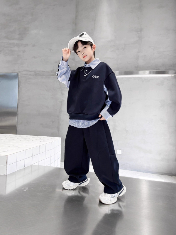 Set de două piese pentru băieți: tricou polo cu guler și pantaloni harém, stil coreean, toamnă 2025, mâneci lungi, material din bumbac moale