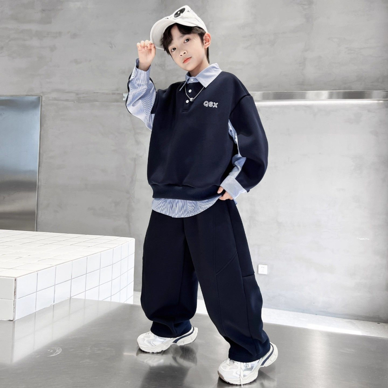 Set de două piese pentru băieți: tricou polo cu guler și pantaloni harém, stil coreean, toamnă 2025, mâneci lungi, material din bumbac moale