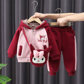 Kislányoknak készült, Kuromi mintás két darabos polár szett, kapucnis cipzáras pulóver és nadrág, téli