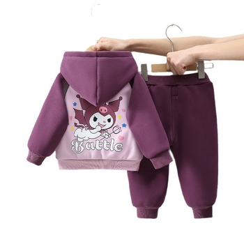 Kislányoknak készült, Kuromi mintás két darabos polár szett, kapucnis cipzáras pulóver és nadrág, téli