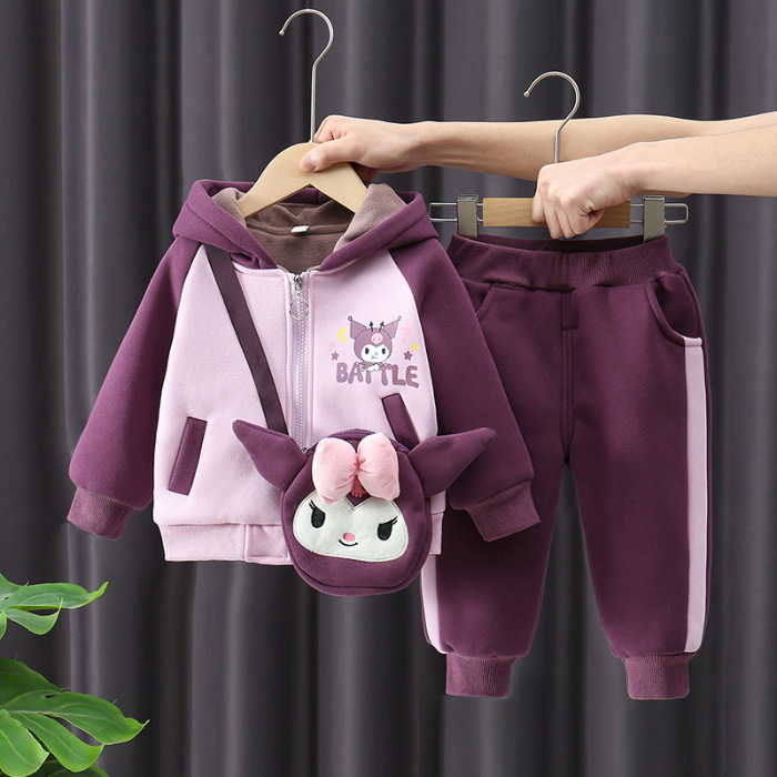 Kislányoknak készült, Kuromi mintás két darabos polár szett, kapucnis cipzáras pulóver és nadrág, téli