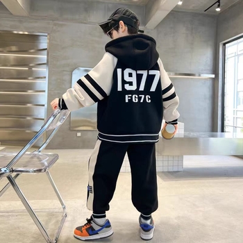 Costum de iarnă pentru băieți, în stil coreean, din două piese, cu glugă, căptușit cu fleece, gros