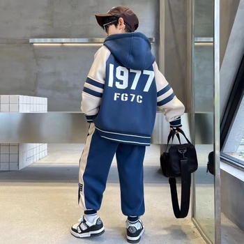 Costum de iarnă pentru băieți, în stil coreean, din două piese, cu glugă, căptușit cu fleece, gros