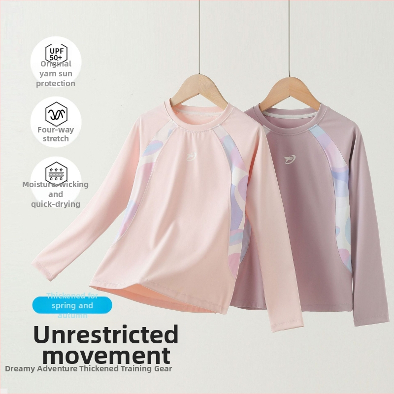 Meitenēm garām piedurknēm sporta tops — elpojošs, ātri žūstošs neilons, abstrakts raksts, vecuma 7–12 gadiem, rudens-ziemas 2025