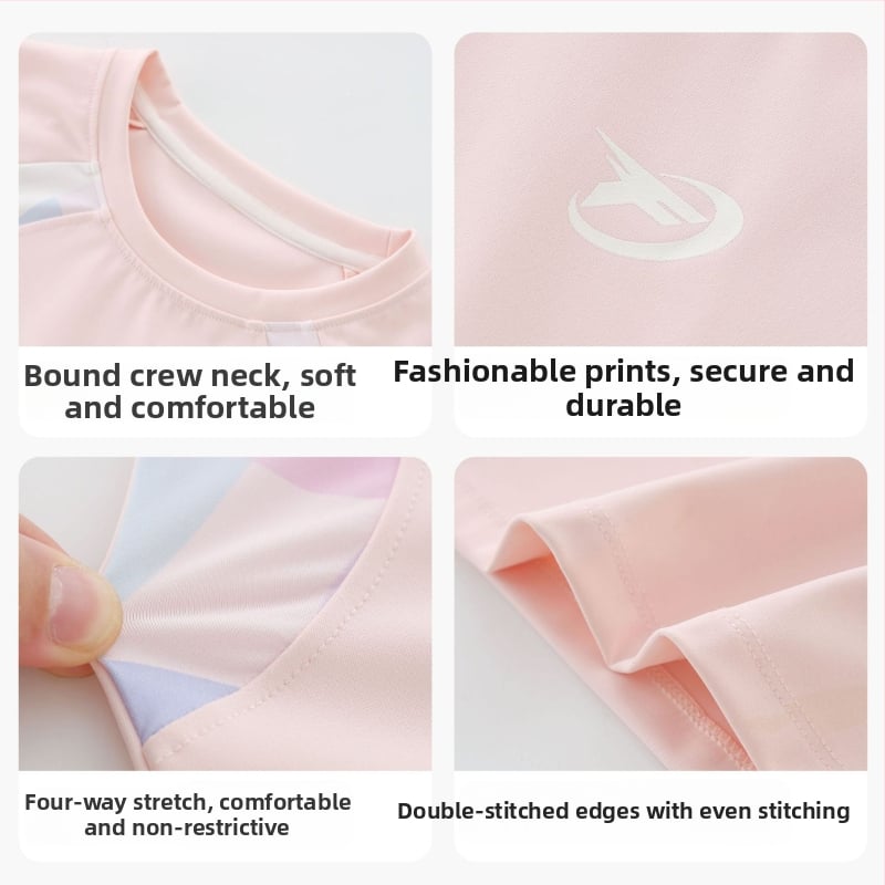 Meitenēm garām piedurknēm sporta tops — elpojošs, ātri žūstošs neilons, abstrakts raksts, vecuma 7–12 gadiem, rudens-ziemas 2025