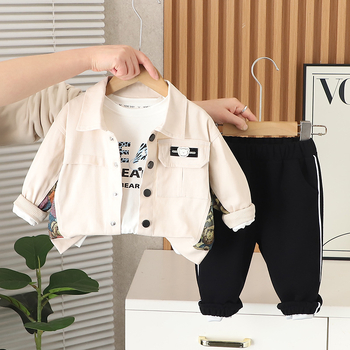 Costum pentru copii din trei piese, stil coreean, mâneci lungi, bumbac, model cu litere, pentru primăvară și toamnă