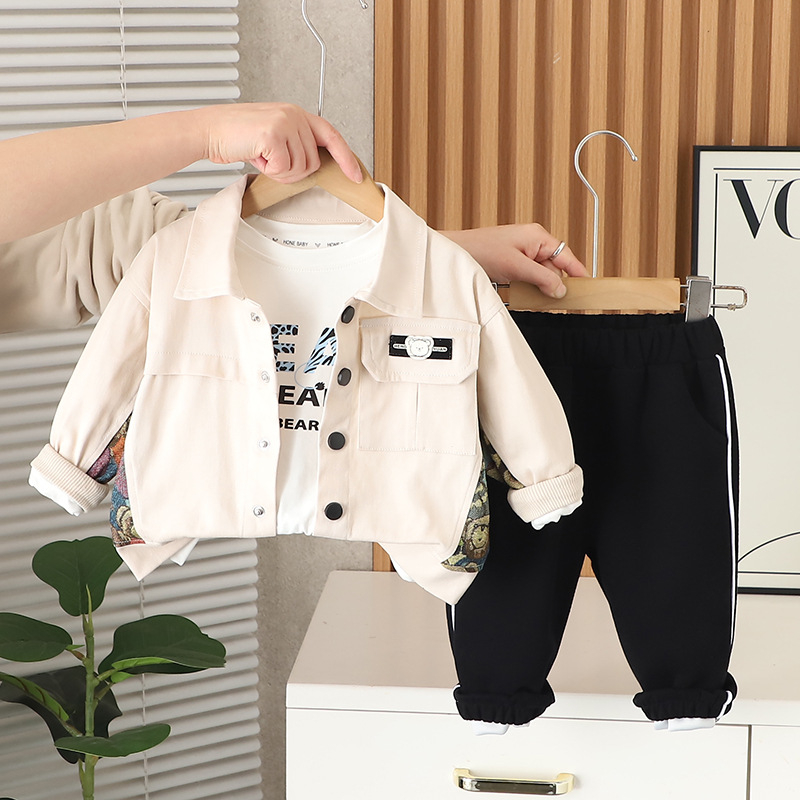 Costum pentru copii din trei piese, stil coreean, mâneci lungi, bumbac, model cu litere, pentru primăvară și toamnă