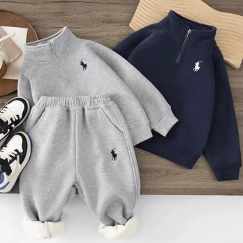 Set copii din două piese, căptușit cu fleece, gros, stil coreean, închidere cu fermoar
