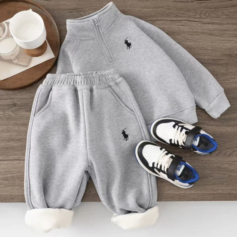 Set copii din două piese, căptușit cu fleece, gros, stil coreean, închidere cu fermoar